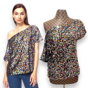 Anna-Caci Off-Shoulder Sequin Blouse Medium Top Shirt Multicolor Loose Fit Glam